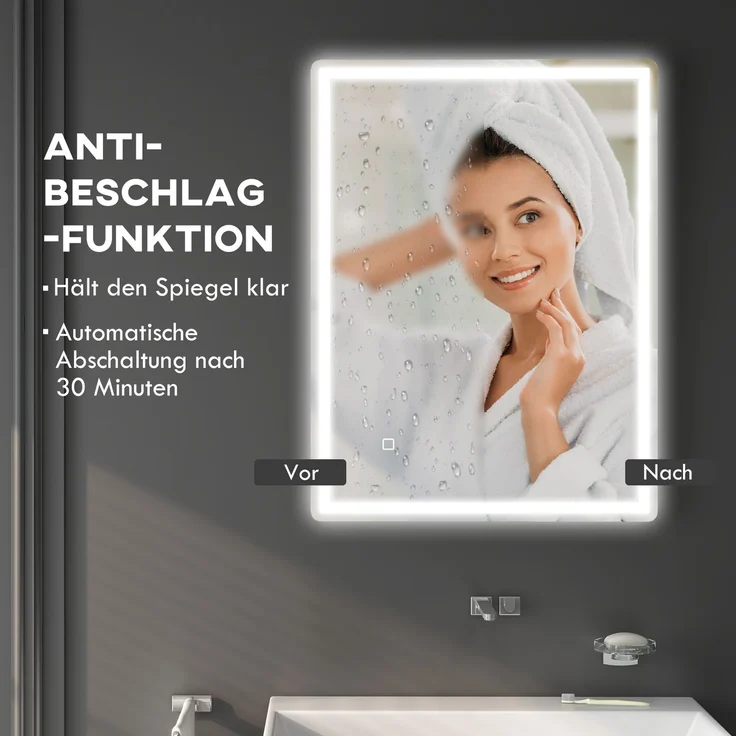 Dimmbarer Lichtspiegel Badezimmerspiegel 80x60cm mit Memory-Funktion und beschlagfreier Oberfläche für modernes Bad--Silber--80x60x4cm--YOUDENOVA – Bild 6