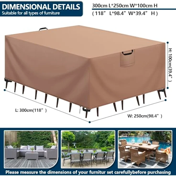 Aujink Abdeckung Gartenmöbel Winterfest, Wasserdichte Schutzhülle Gartenmöbel 420D Oxford Anti-UV Abdeckplane für Gartentische Terrassenmöbel Regenschutz und Staubfest Abdeckhaube Khaki 300 x 250 x 100 cm – Bild 3