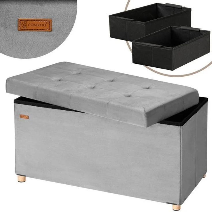 Casaria Sitzbank, Samt Grau Faltbar inkl. Füßen & Boxen 76x38cm 300kg Belastbarkeit Flur – Bild 4