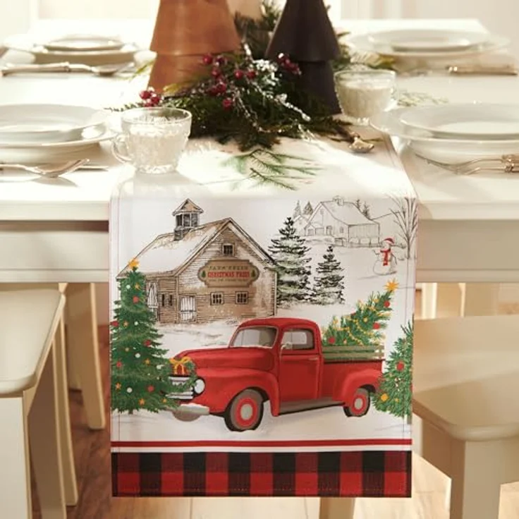 Elrene Home Fashions Vintage Christmas Tree Farm Tischläufer, Mehrfarbig, 13"x70" (Table Runner) – Bild 8
