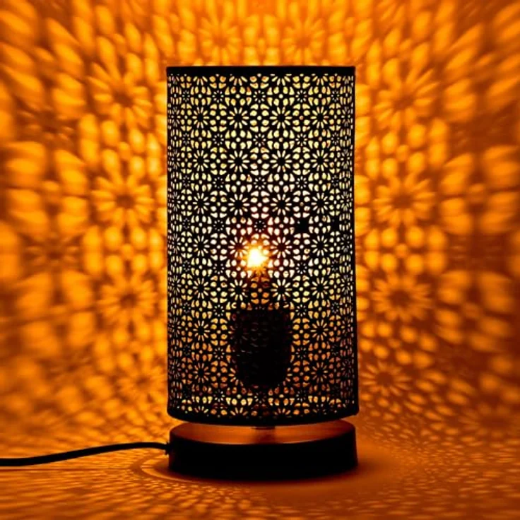 Marrakesch Tischlampe Tuza, 25cm große Nachttischlampe aus schwarzem Metall mit E27 Fassung, orientalisches Design für Wohnzimmer und Schlafzimmer – Bild 7
