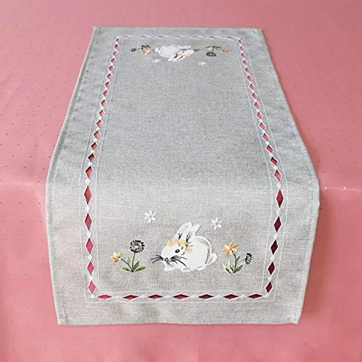 texpot Tischdecke Tischläufer Stickerei Hasen Frühling Ostern Dekoration (1-tlg) – Bild 2