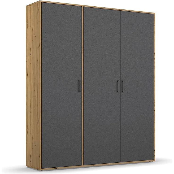 Rauch Möbel Voyager Schrank Kleiderschrank Drehtürenschrank, Graumetallic/Eiche Artisan, 3-türig, inkl. 1 Kleiderstange, 4 Einlegeböden BxHxT 140x194x53 cm