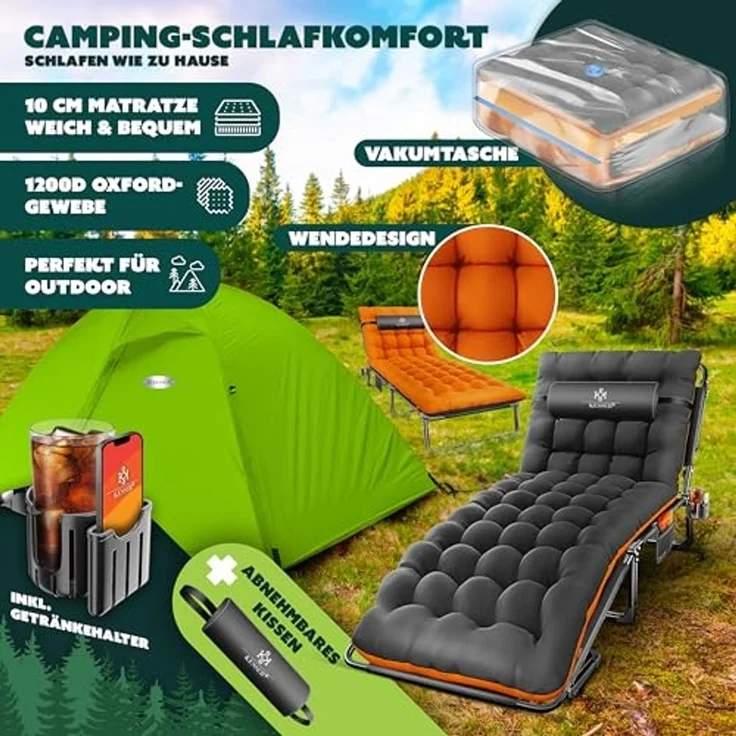 KESSER® Campingbett klappbar mit Tragetasche, Nackenkissen, Vakuumtasche & Getränkehalter, 190 x 68 x 30 cm bis 250 kg belastbar, aus Oxford-Gewebe und stabilem Stahlgerüst, ideal für Garten Camping Orange / Schwarz – Bild 2