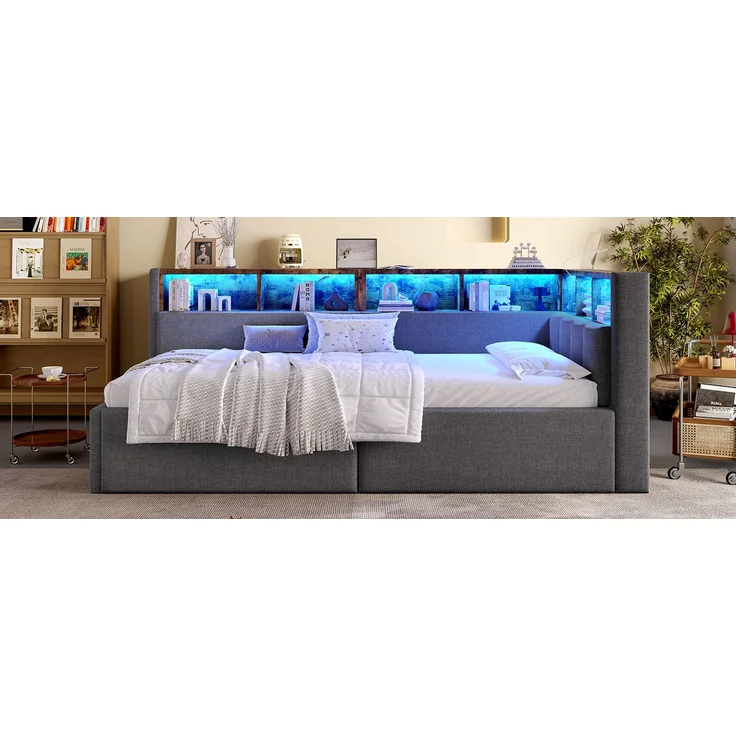 ZUBALIYA Schlafsofa / Tagesbett, mit hydraulische Aufbewahrungsfunktion und mehrfarbiger LED-Streifenbeleuchtung, 90 x 200 cm, Leinen, Grau, fürs Schlafzimmer, mit Stauraum, mit LED, Samt – Bild 24