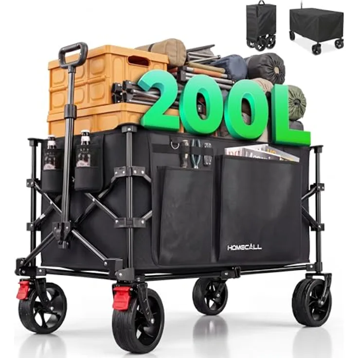 HOMECALL All-Terrain Bollerwagen 200L XXL-Volumen, klappbar mit Kühltasche, 200 kg Tragkraft, für Einkaufen, Camping und Garten