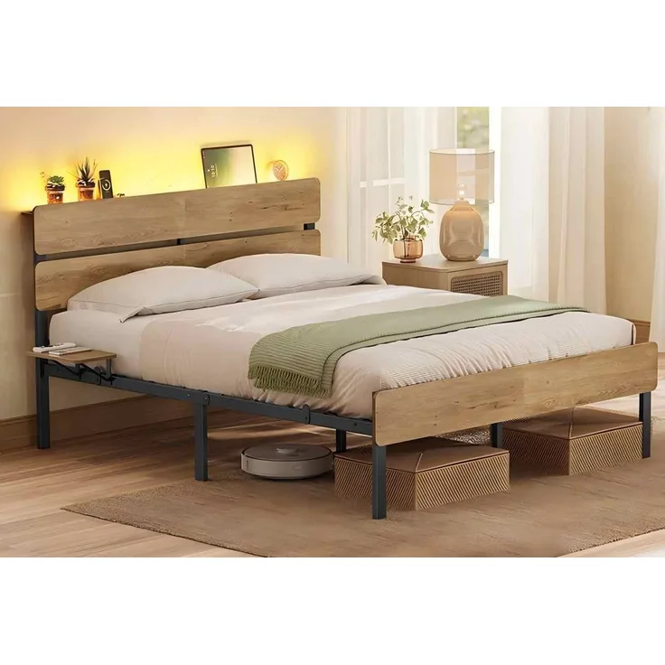 VASAGLE Einzelbettgestell, Bett, 140 x 200 cm, Metallrahmen, LED-Beleuchtung, USB-A- und USB-C-Anschluss, Unterbettaufbewahrung, Industrie-Stil, einfache Montage