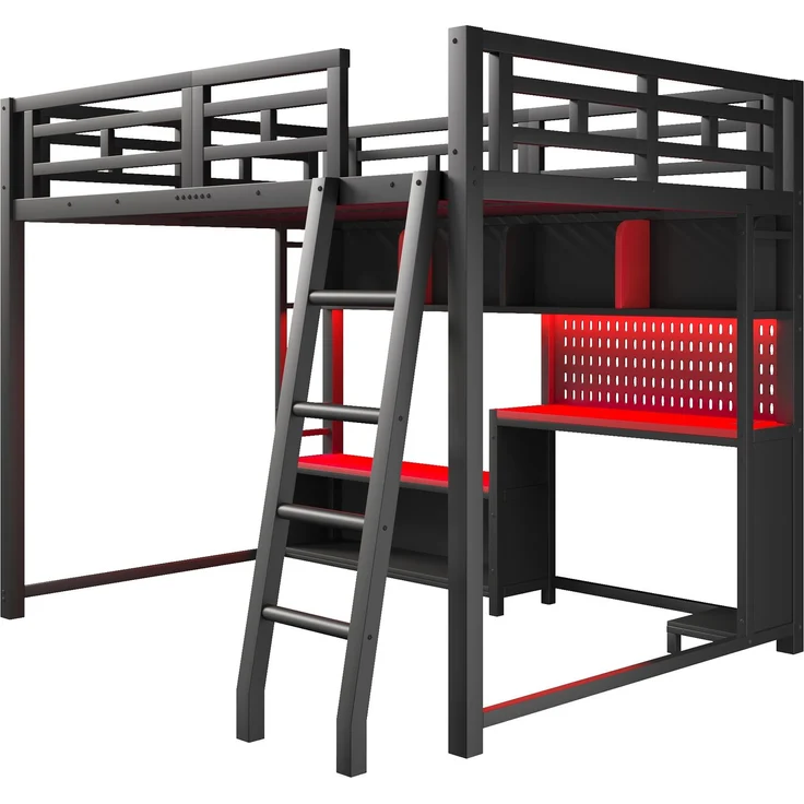 140x200 Metall Etagenbett mit Schreibtisch im Gaming-Stil, LED-Beleuchtung und Aufbewahrungsregalen, Schwarz+Rot – Bild 8