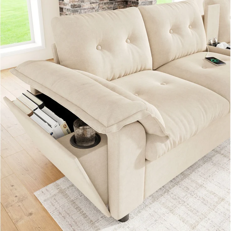 DESVIAE Sofa Modulares 6-Sitzer-Ecksofa Beige aus Chenille – 312x82x142 cm – Stauraum-Hocker, LED-Beleuchtung – Bild 9