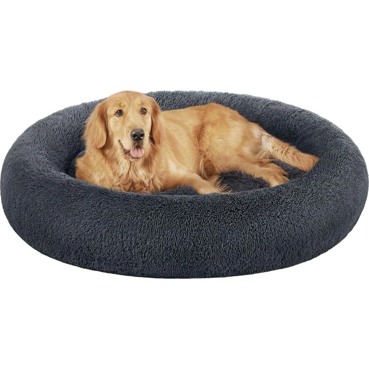 Feandrea Hundebett flauschig, Katzenbett, Donut Kissen, waschbar, Polsterung in der Mitte herausnehmbar, Langer Plüsch, 120 cm Durchmesser, dunkelgrau PGW043G02