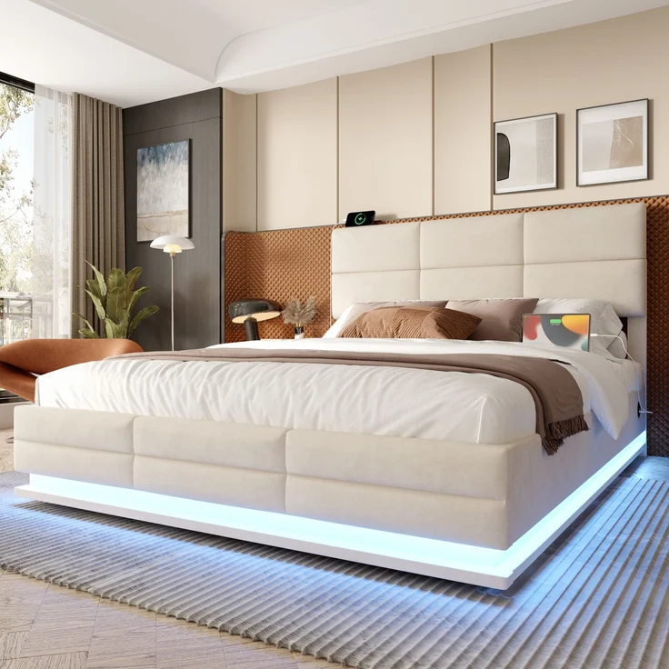 TavilaEcon Boxspringbett Modernes Polsterbett mit höhenverstellbarem Kopfteil & LED-Beleuchtung beige Liegefläche 140 × 200 cm – Bild 4