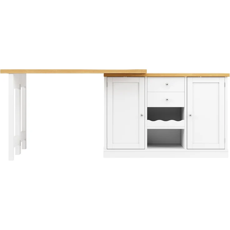 Merax Ausziehbarer Kücheninsel-Esstisch 120-197cm, 360° drehbar, mit Weinregal & Snack-Regalen, magnetische Türen, Weiß, belastbar bis 60kg – Bild 8