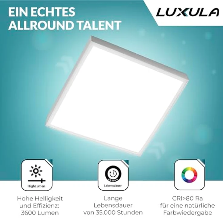 LUXULA LED Deckenleuchte eckig 62cm - 36W, 4000K Neutralweiß, 3600lm - LED Panel 62x62cm inkl. 230V Netzteil - Flache Deckenlampe für Wohnzimmer, Schlafzimmer, Küche, Büro - 62x62x6,4cm – Bild 2