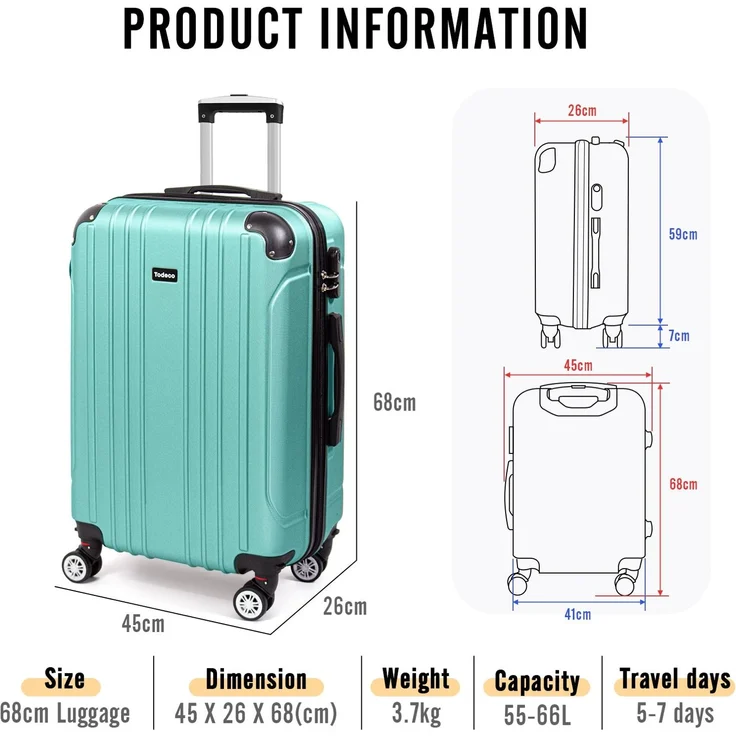 Todeco Mittelgroßer Koffer Trolley 68cm, Zwillingsrollen Reisekoffer Koffer Trolleys, 4 Rollen Leicht Hartschale aus ABS Aufgabegepäck, 68x45x26cm, 66 Liter, Helles Kieferngrün – Bild 5