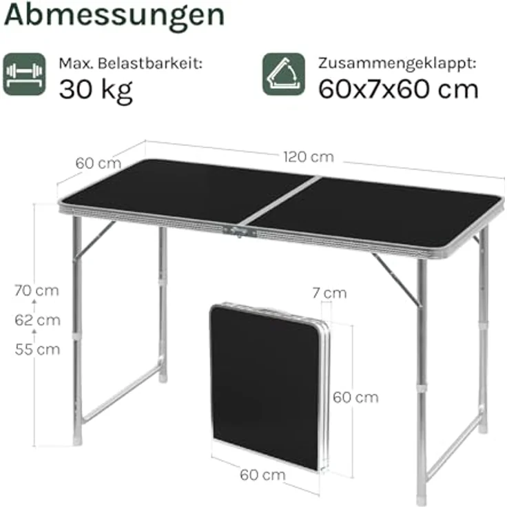 WOLTU Campingtisch Klapptisch Gartentisch Arbeitstisch Balkontisch höhenverstellbar Aluminium MDF Schwarz CPT8122sz – Bild 4