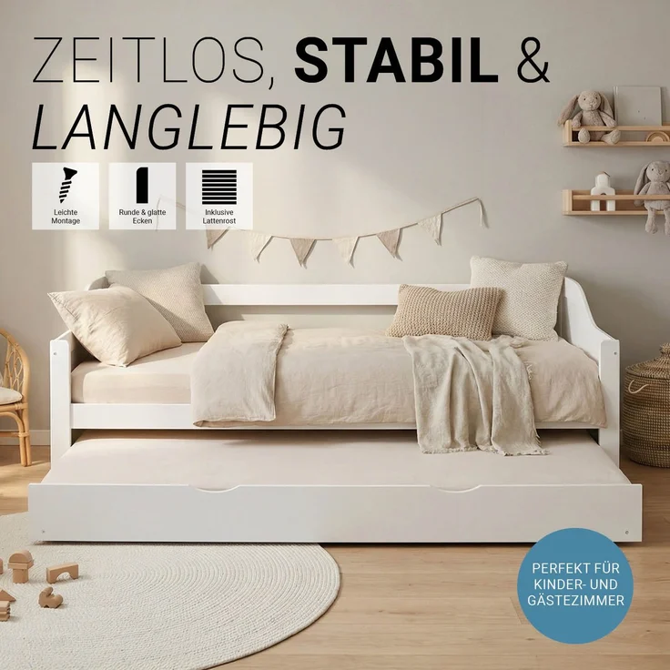 Gästebett Holzbett 90x200 cm mit 2 Matratzen Weiß Tagesbett ausziehbar Jugendbett Ausziehbett Funktionsbett – Bild 4
