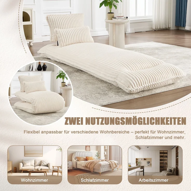 LVHOM Schlafsessel mit Bettfunktion, 227 cm Klappsessel Bodensessel mit Stahlrahmen, klappbarer Relaxsessel inkl. 2 Kissen, bis 150 kg belastbar, Cord Beige – Bild 4