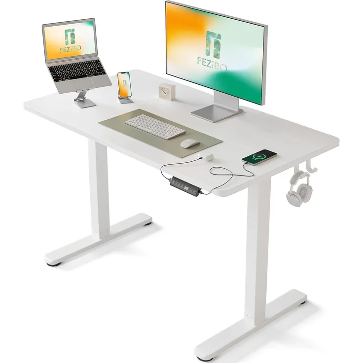 FEZIBO Schreibtisch Höhenverstellbar Elektrisch, 100x60 cm Stehschreibtisch mit Memory-Steuerung und Anti-Kollisions Technologie, Weiß Rahmen/Weiß Oberfläche
