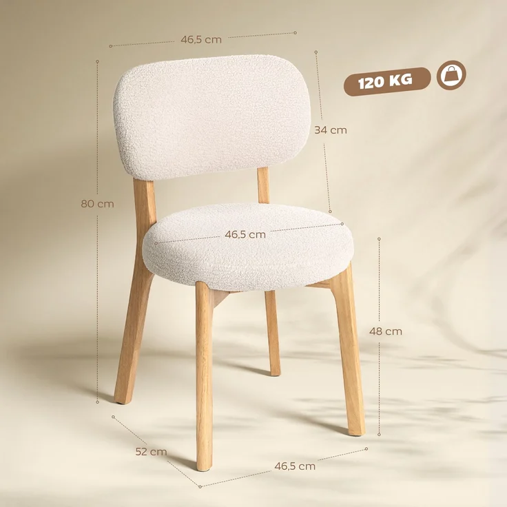 MELAYR, Esszimmerstühle 2er-Set, Küchenstuhl mit breitem Sitz, geschwungener Rückenlehne, 52 x 46.5 x 80 cm, Cremeweiß – Bild 5