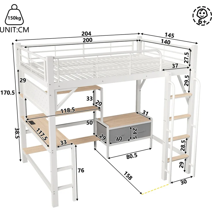 Hochbett, 140x200 cm, Eisenrahmen, Lochwand, mehreren Regalen,Stoffschubladen , Schreibtisch, mit USB-Anschluss, icherheitsgeländer, Aufhängestange,mit LED-Lichtleiste, ohne Matratze,Weiß – Bild 5