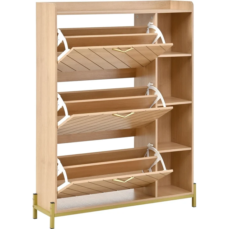 Schuhschrank 90 x 24 x 119 cm aus MDF in Eichenoptik mit 3 Klapptüren und Seitenfächern – Bild 6