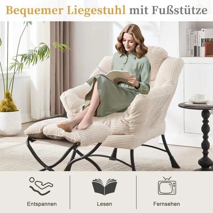 Ohrensessel Hocker Armlehnen Fußstütze Cord Weiß – Bild 6