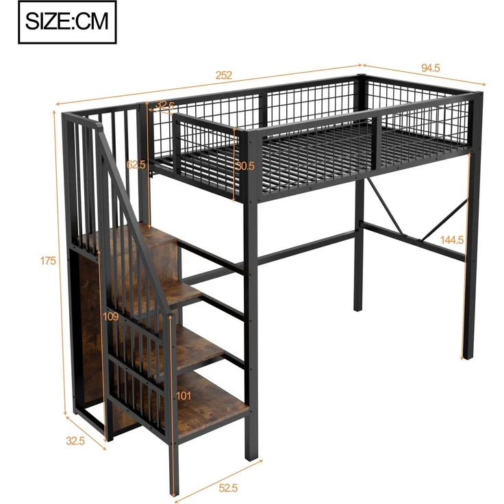 EINHOM Metall-Hochbett 90 x 200 cm, Bettgestell Inklusive Leiter und Stauraum, LED-Beleuchtung, Sicherheitsgeländer aus Metallgitter. Schwarz (Ohne Matratze) – Bild 2