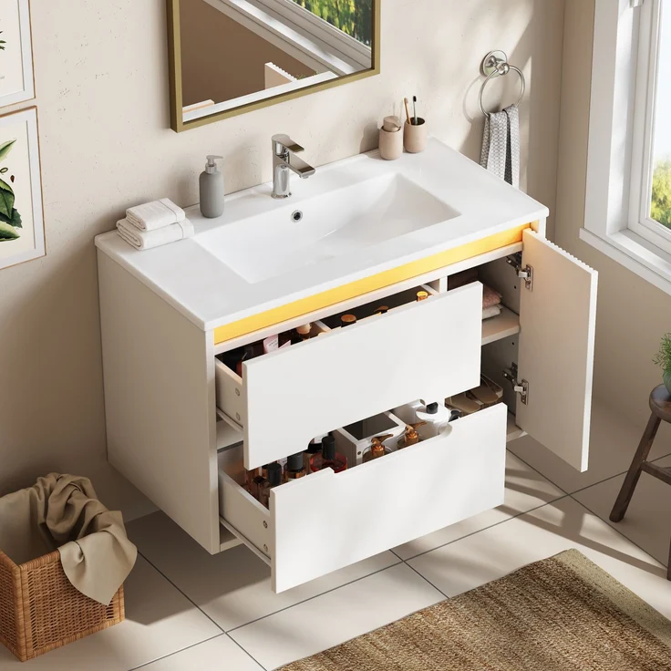 Waschbeckenunterschrank 81 x 47 x 51 cm mit Keramikwaschbecken und App-gesteuerter LED-Beleuchtung, Weiß – Bild 3
