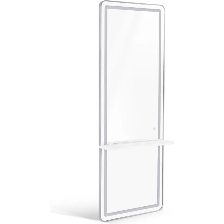 BarberPub Wandspiegel mit Beleuchtung, Ganzkörperspiegel mit Aluminiumrahmen, Großer Spiegel mit Ablage, Touch-Schalter, 3 Lichtfarben Dimmbar, für Friseursalon, 17x65x177 cm, J6271 (Weiß-Silber)