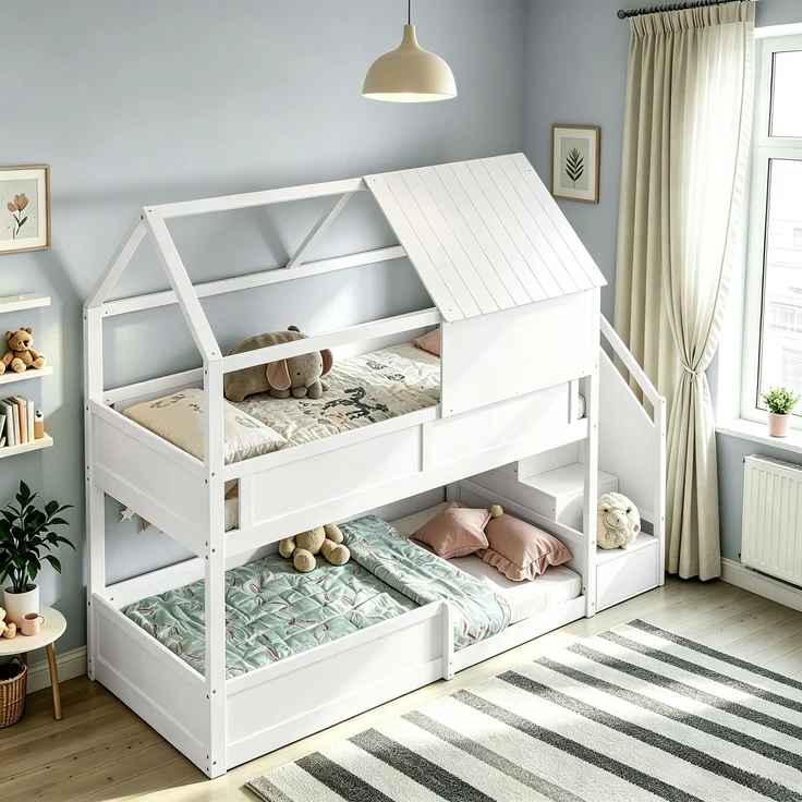 Etagenbett 80×200 cm mit Rausfallschutz und Treppe, Massivholz, Weiß, ohne Matratze – Bild 4