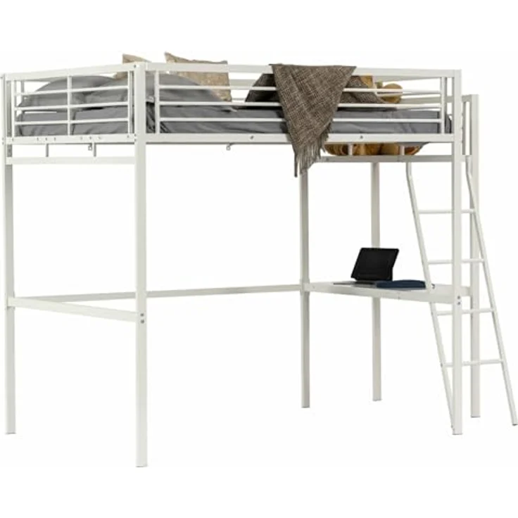 MEUBLE COSY Hochbett 140x190 cm Bettrahmen Etagenbett mit Lattenroste und Schreibtisch aus Glas und Metall, Industriell, für Erwachsene und Kinder, Weiß – Bild 8