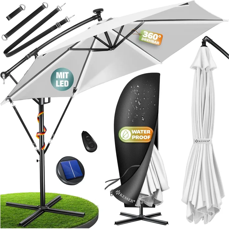 KESSER® Alu Ampelschirm LED Solar + Abdeckung mit Kurbelvorrichtung UV-Schutz Aluminium mit An-/Ausschalter Wasserabweisend - Sonnenschirm Schirm Gartenschirm 300cm, Weiß