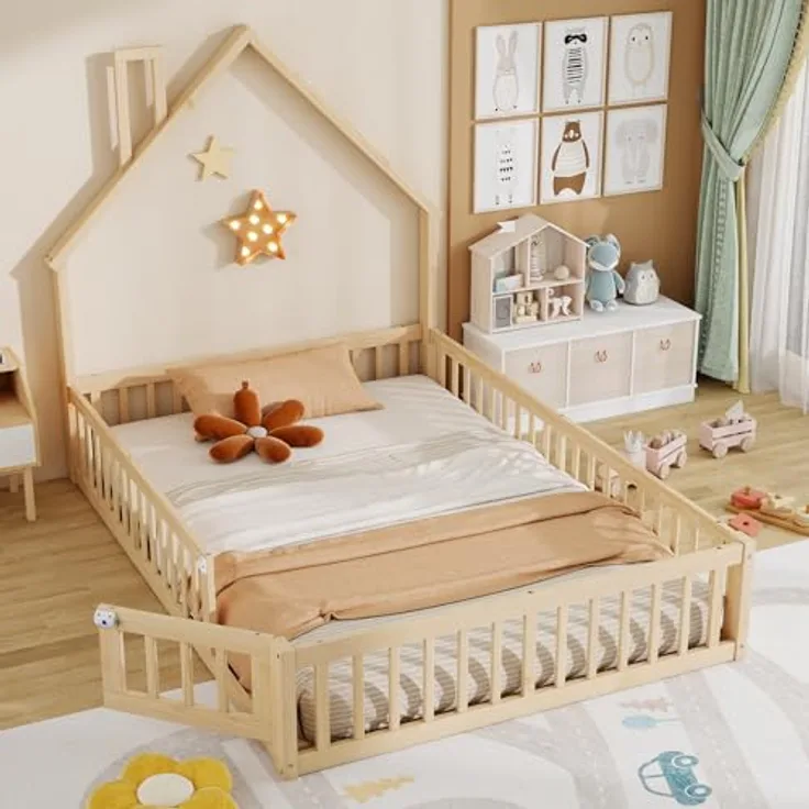 Ball & Cast Bodenbett (140x200 cm), Jugendbett und Hausbett mit Schornsteinform, Kinderbett 90x200 mit rausfallschutz, ohne Matratze, Natürlich