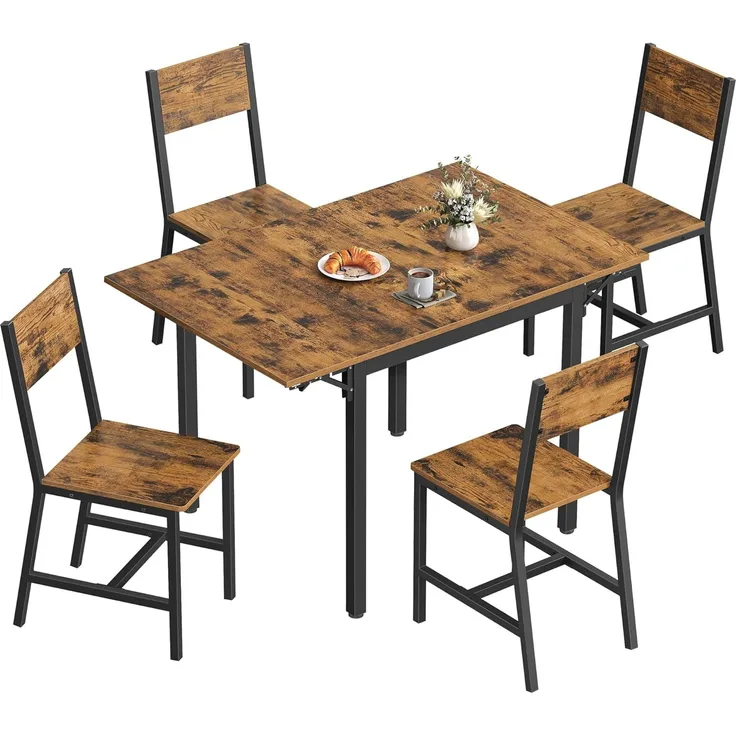 VASAGLE Esstisch mit 4 Esszimmerstühlen, Esszimmermöbel-Set, Essgruppe, für Wohnzimmer, Küche, Metallrahmen, einfache Montage, vintagebraun-schwarz ZH2504042