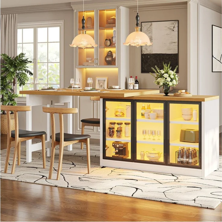 Flieks Kücheninsel mit 360° drehbarer und klappbarer Esstisch, LED-Beleuchtung, Glastüren, (Holzoptik Tischplatte Tiefe 40-80cm, Längenverstellbar 120-197 cm), ausziehbarer Arbeitstisch & multifunktional Mehrzweckschrank Weiß – Bild 3