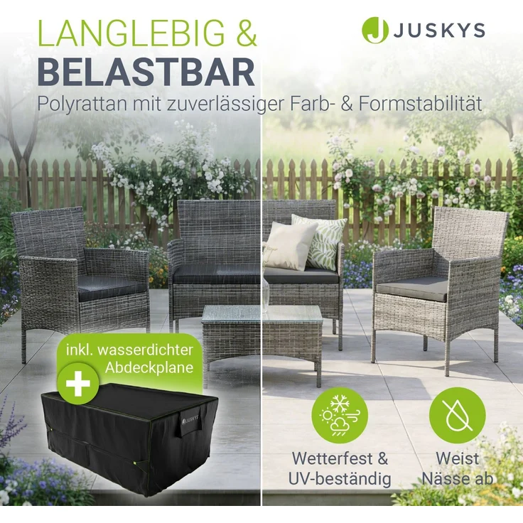 Juskys Polyrattan Gartenmöbel-Set Fort Myers grau-meliert inkl. Abdeckung – Sitzgruppe mit Tisch, Sofa & 2 Stühlen - Balkonmöbel für 4 Personen mit grauen Auflagen – Bild 3