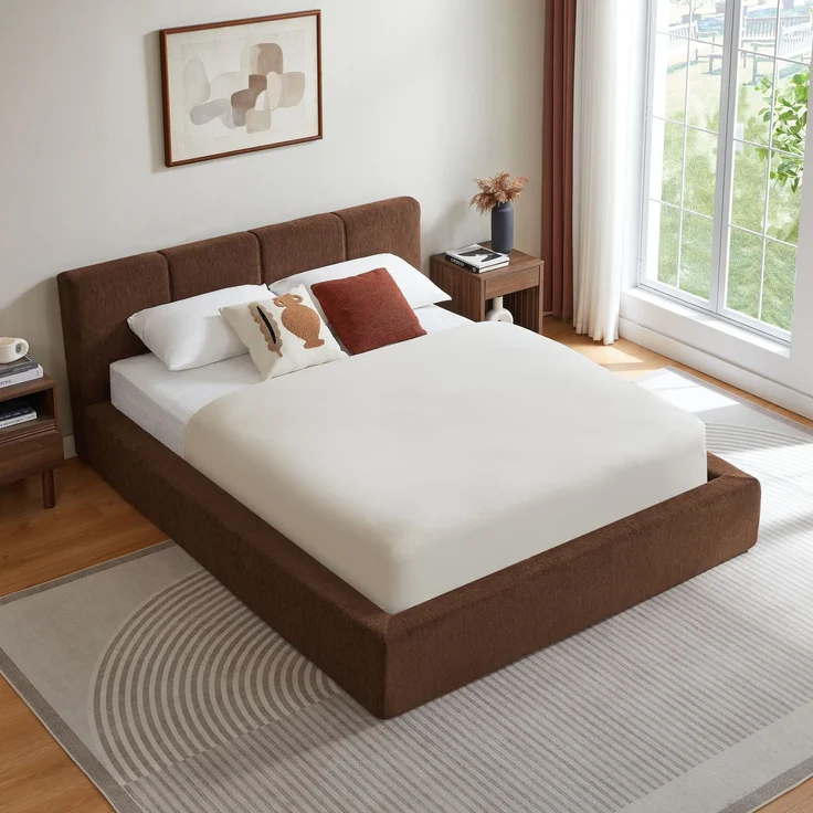 LVHOM Polsterbett 140 x 200cm, Doppelbett mit gepolstertem Kopfteil, Bettgestell mit verstärktem Stahlrahmen, Chenille, Braun – Bild 9