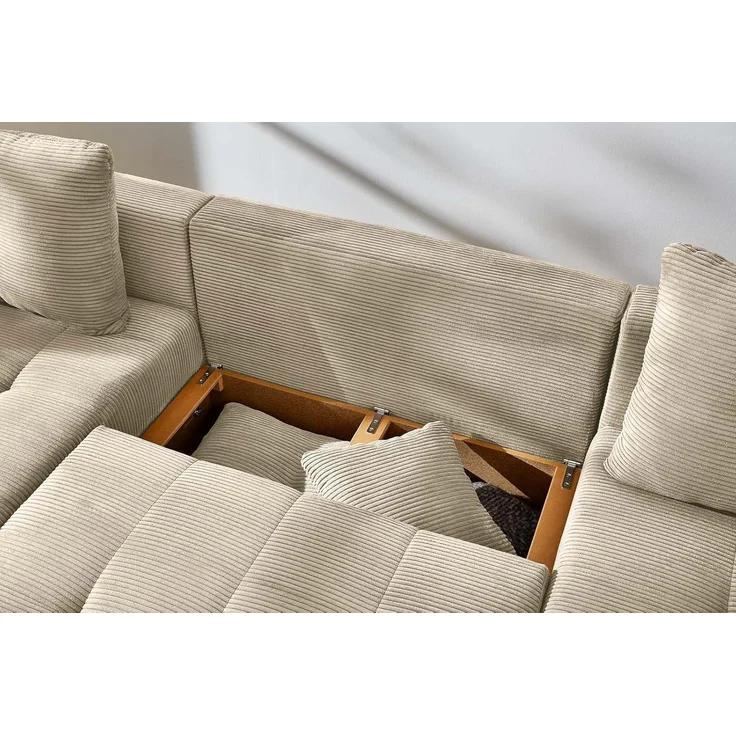 Wohnlandschaft U-Form Sofa groß Schlaffunktion Couch Bettkasten Cord Beige Grau – Bild 6