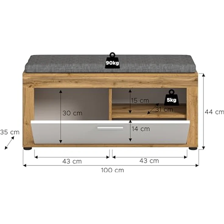 xonox. home Garderobe Jam X8BK6632 Sitzbank inkl. Sitzkissen Bank in Wotan Eiche Nb, weiß, ca. 100 x 44 x 35 cm – Bild 4