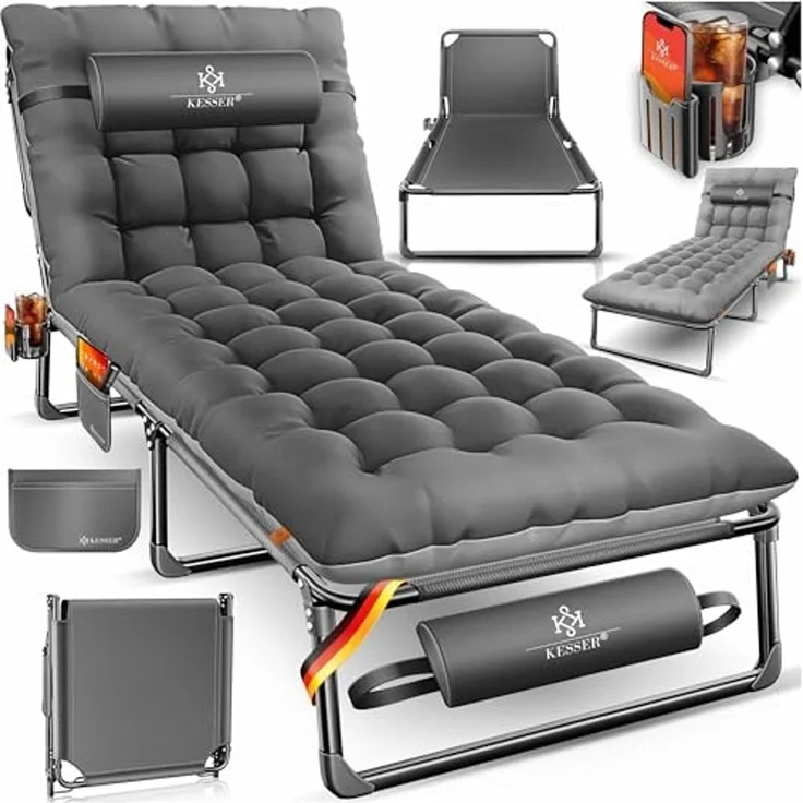 KESSER Campingbett klappbar mit Tragetasche, Nackenkissen, Vakuumtasche & Getränkehalter, Oxford-Gewebe anthrazit / grau, 68 x 190 x 30 cm – Bild 1