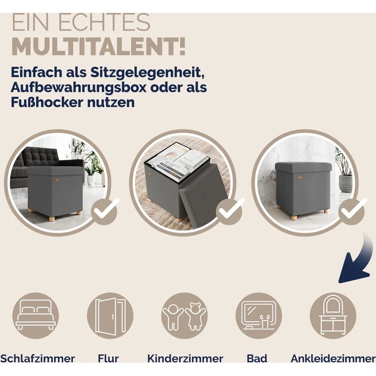 CASARIA® Sitzhocker mit Stauraum, Samt, anthrazit – Bild 7