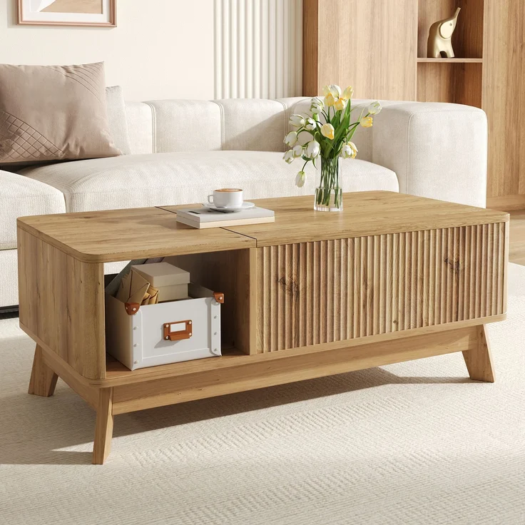 Merax Couchtisch mit Hubfunktion, Wellenoptik, offenes Seitenfach, MDF-Material, Moderner Stil, Natur – Bild 2