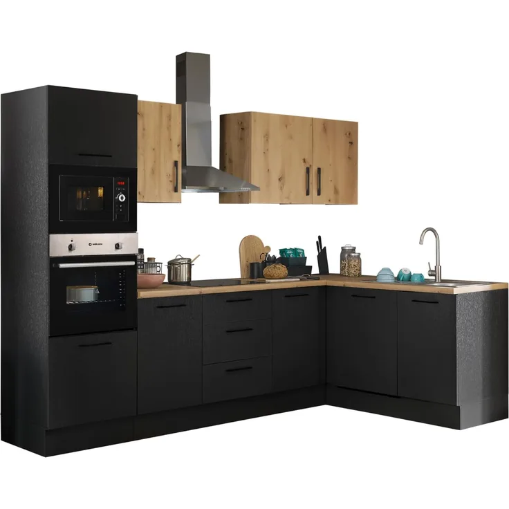 Turin LBM Eckküche 280 x 211 x 60 cm, schwarz - Ohne Küchengeräte - Moderne, geräumige Küche in Artisan-Eiche Optik mit viel Stauraum