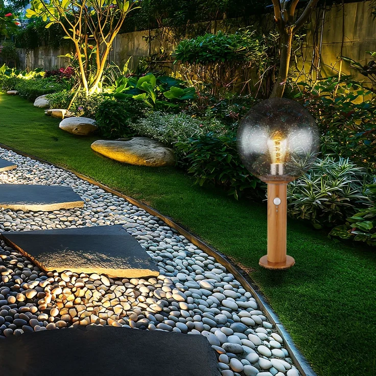 LED Sockellampe, Glaskugel, Holzoptik, Bewegungsmelder, H 38 cm – Bild 7