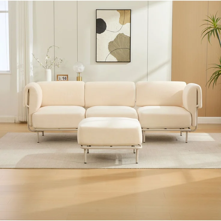 Modulares Ecksofa mit Hocker, Chenille, flexible L-Form, 251x155x78 cm, Beige – Bild 2