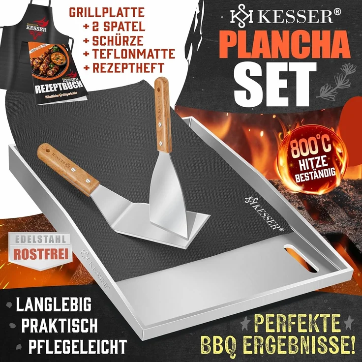 KESSER® Grillplatte Plancha aus Edelstahl 40x30cm rostfrei mit Fettablauf, hitzebeständig bis 800°C & Spülmaschinenfest für Gas & Holzkohlegrill inkl. 2 Spatel, Grillschürze, Grillmatte & Rezeptbuch Weiß, Plancha – Bild 2