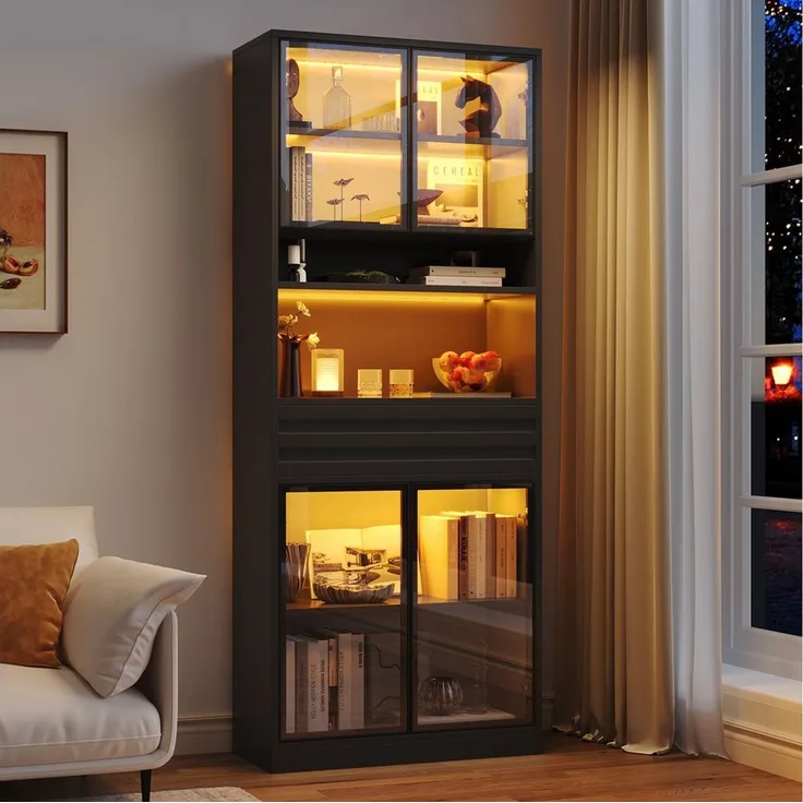 Merax Glasvitrine mit RGB LED-Beleuchtung inkl. App-Steuerung, 80 L x 35 B x 200 H cm (1-St, Wohnzimmerschrank Bücherschrank Ausstellungsschrank) Vitrine Hochschrank mit 4 Glastüren, Schublade & Stauraum