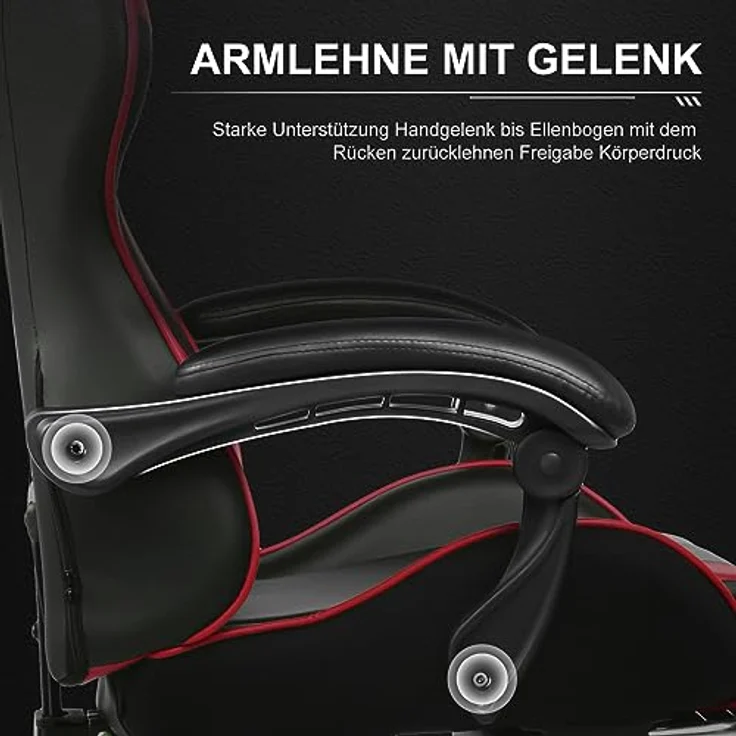 GTPLAYER Gaming Stuhl Bürostuhl Massage Gaming Sessel Ergonomischer Gamer Stuhl mit Fußstütze, Kopfstütze Massage-Lendenkissen, Gepolstert Gaming Chair, Drehsessel, rot – Bild 6