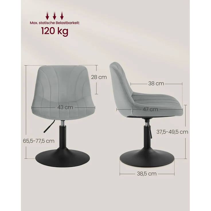 VASAGLE Schminkstuhl, 2er Set, Stizhocker, 65,5-77,5 cm höhenverstellbar, Barhocker, drehbar, Samt-Bezug, grau – Bild 3