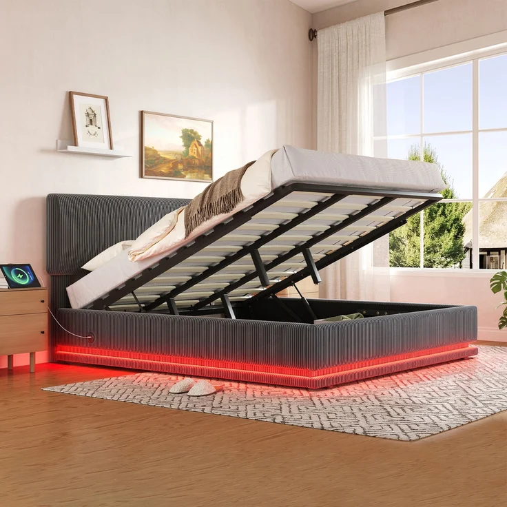 Polsterbett, Cord mit LED & USB-Anschluss, Stauraum & Lattenrost, 180x200 cm, Dunkelgrau, ohne Matratze – Bild 3